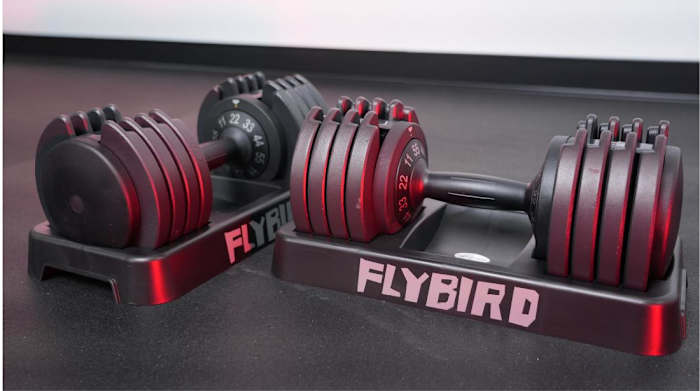 flybird adjustable dumbbell set photographed on gym floor